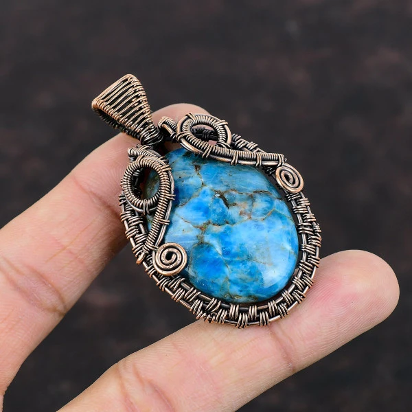 Neon Apatite Oval Blue Handmade Copper Wire Wrapped Pendant