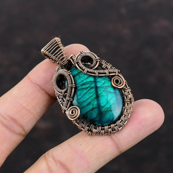 Neon Flash Labradorite Oval Blue Handmade Copper Wire Wrapped Pendant