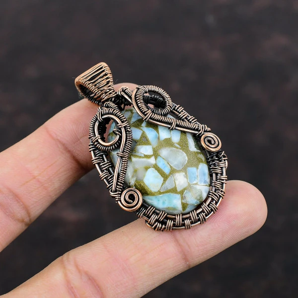 Copper Larimar Oval Blue Handmade Copper Wire Wrapped Pendant
