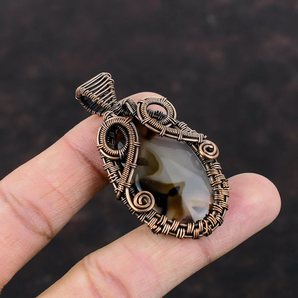 Montana Agate Oval Brown Handmade Copper Wire Wrapped Pendant