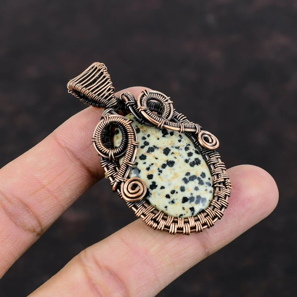 Dalmatian Jasper Oval Black Handmade Copper Wire Wrapped Pendant