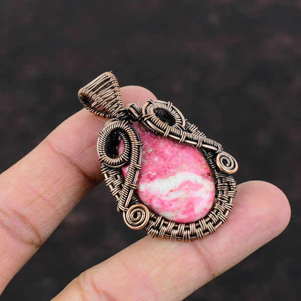 Thulite Oval Pink Handmade Copper Wire Wrapped Pendant