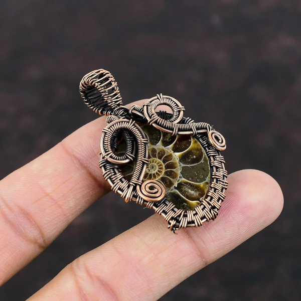 Ammonite Fossil Pear Brown Handmade Copper Wire Wrapped Pendant