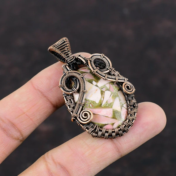 Copper Pink Opal Oval Pink Handmade Copper Wire Wrapped Pendant