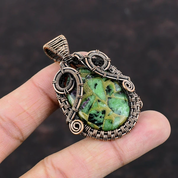 Handmade Copper Wire Wrapped Ruby Zoisite Pendant – Boho Natural Gemstone Jewelry