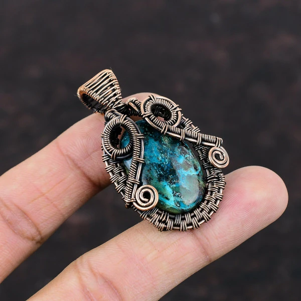 Chrysocolla Oval Blue Handmade Copper Wire Wrapped Pendant