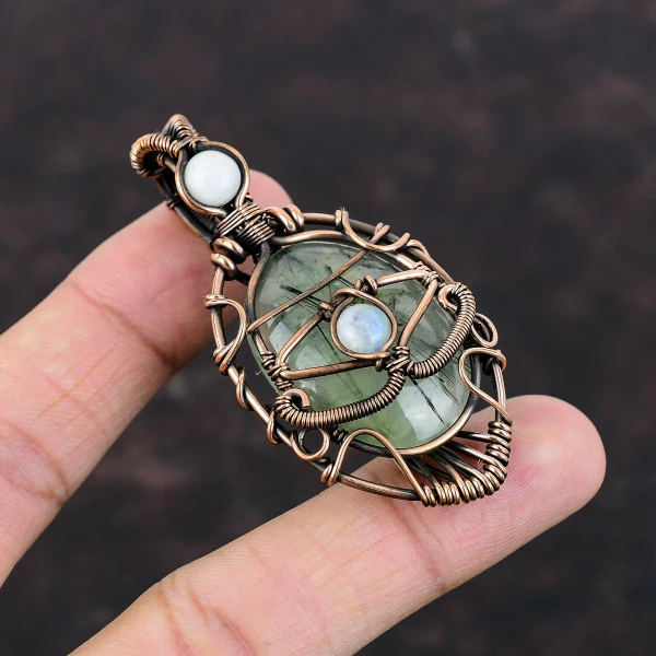 Moss Prehnite Oval Green Handmade Copper Wire Wrapped Pendant