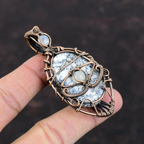 Dendrite Opal Oval Black Handmade Copper Wire Wrapped Pendant