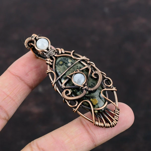 Ocean Jasper Oval Green Handmade Copper Wire Wrapped Pendant
