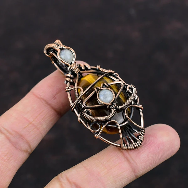 Tiger's Eye Oval Brown Handmade Copper Wire Wrapped Pendant