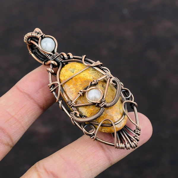 Fossil Coral Oval Yellow Handmade Copper Wire Wrapped Pendant