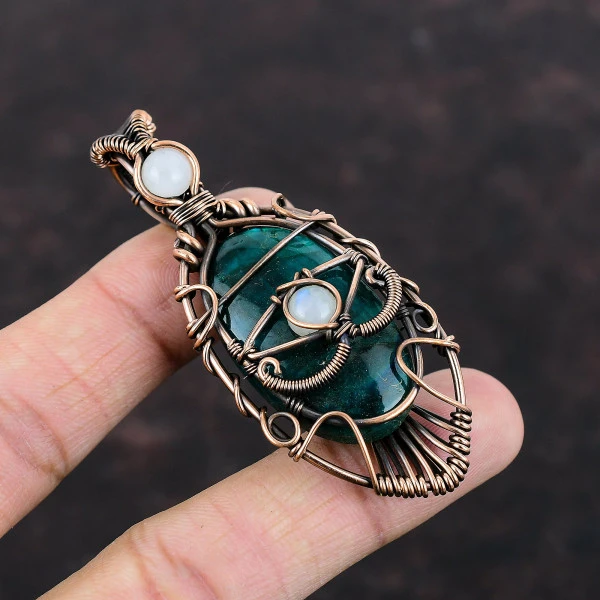 Neon Flash Labradorite Oval Blue Handmade Copper Wire Wrapped Pendant