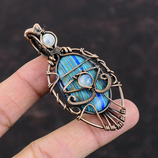 Rainbow Calsilica Oval Blue Handmade Copper Wire Wrapped Pendant