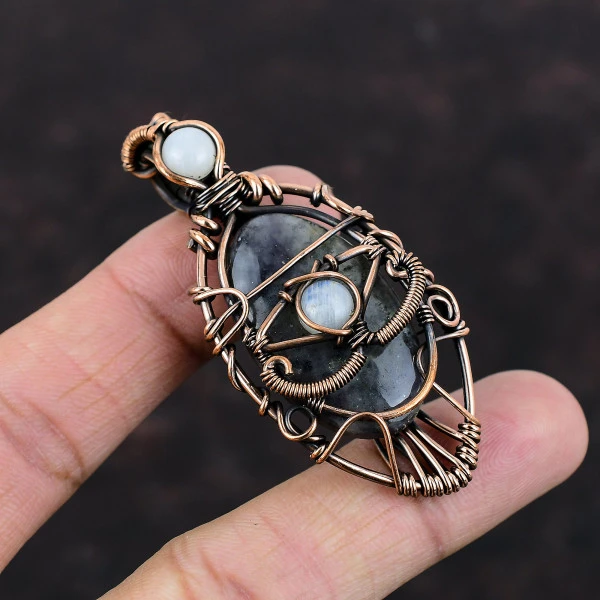 Iolite Sunstone Oval Blue Handmade Copper Wire Wrapped Pendant