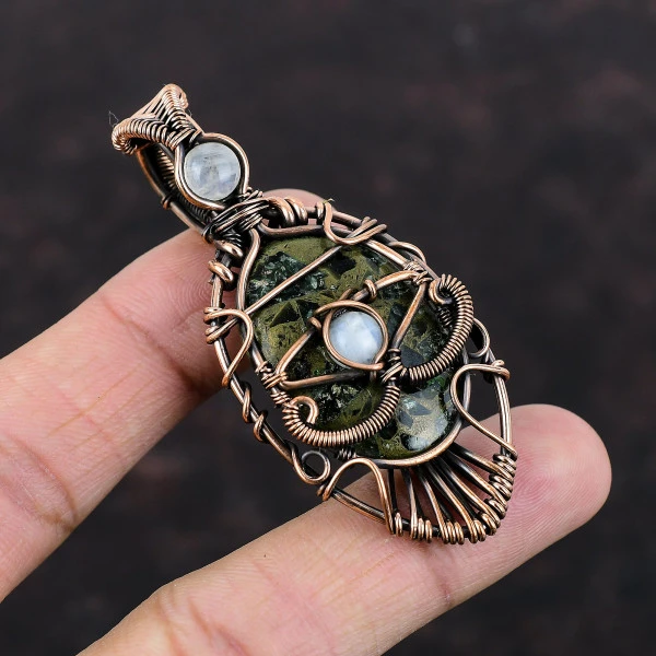 Copper Seraphinite Oval Green Handmade Copper Wire Wrapped Pendant