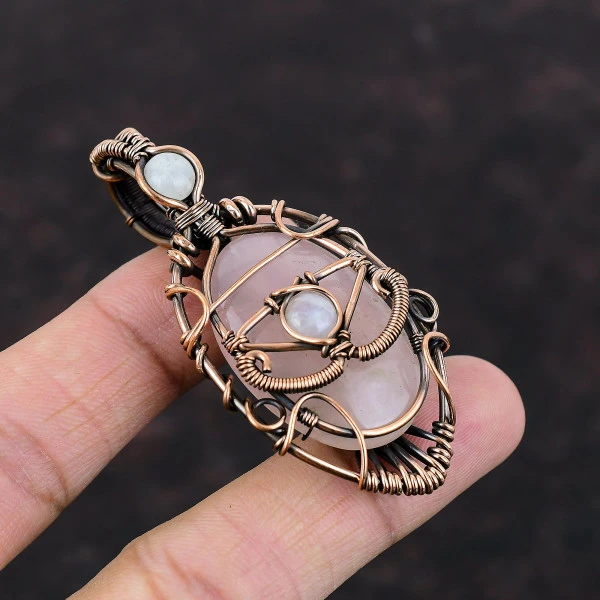 Rose Quartz Oval Pink Handmade Copper Wire Wrapped Pendant