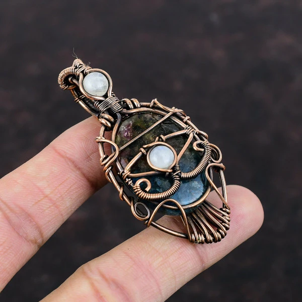 Watermelon Tourmaline Oval Blue Handmade Copper Wire Wrapped Pendant