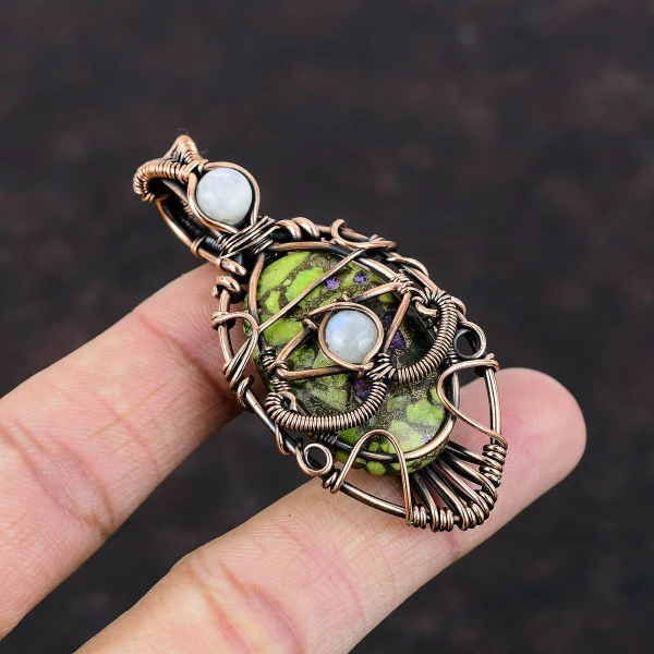 Copper Stichtite Oval Green Handmade Copper Wire Wrapped Pendant