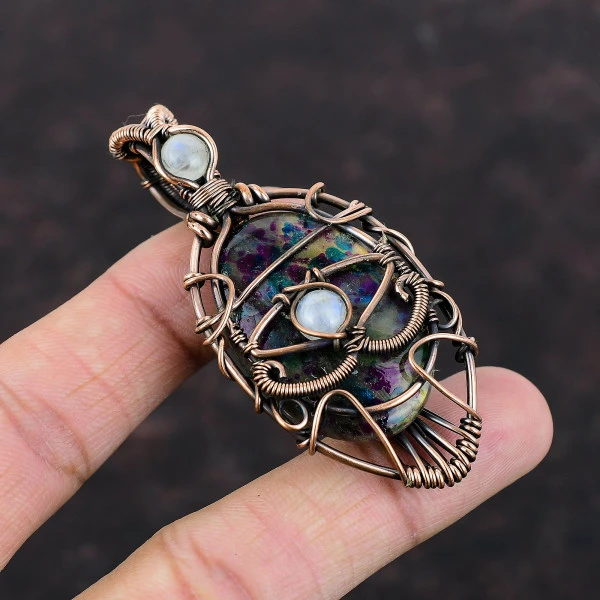 Multi Fire Labradorite Oval Pink Handmade Copper Wire Wrapped Pendant