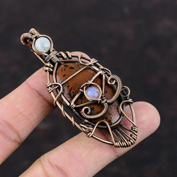 Mahogany Obsidian Oval Brown Handmade Copper Wire Wrapped Pendant