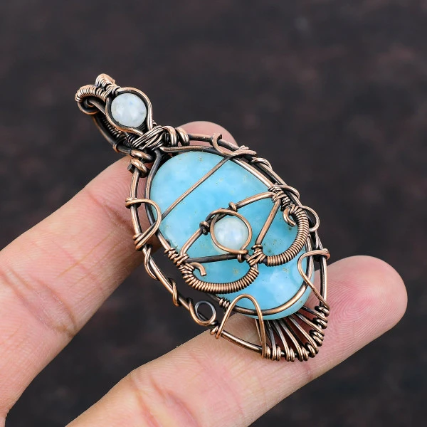Hemimorphite Oval Blue Handmade Copper Wire Wrapped Pendant