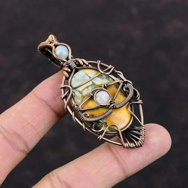 Maligano Jasper Oval Yellow Handmade Copper Wire Wrapped Pendant