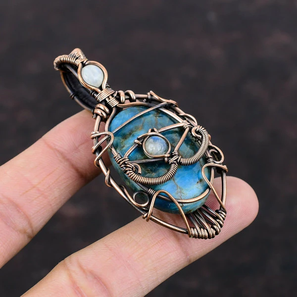 Neon Apatite Oval Blue Handmade Copper Wire Wrapped Pendant