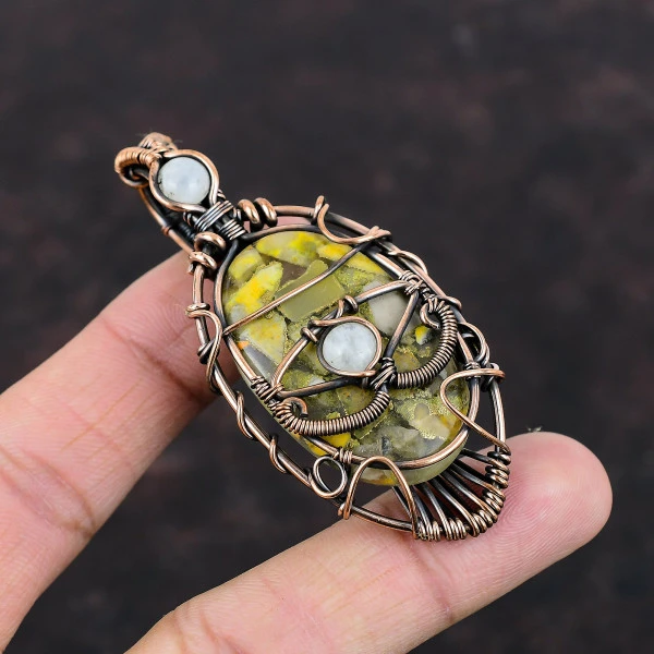 Copper Bumble Bee Jasper Oval Yellow Handmade Copper Wire Wrapped Pendant