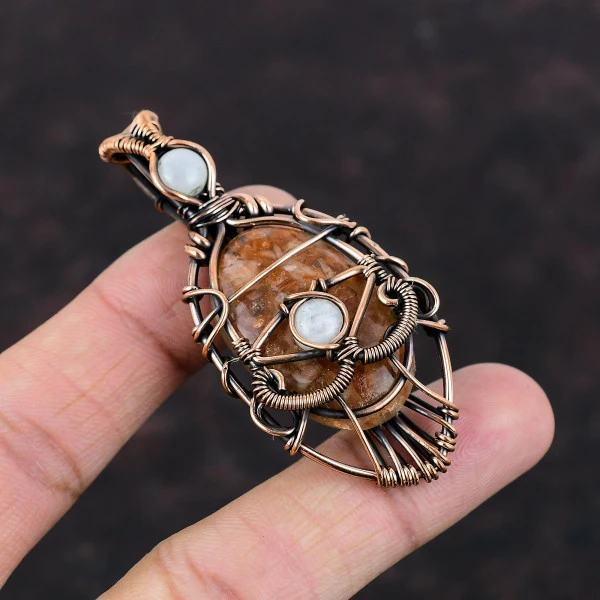Sunstone Oval Orange Handmade Copper Wire Wrapped Pendant