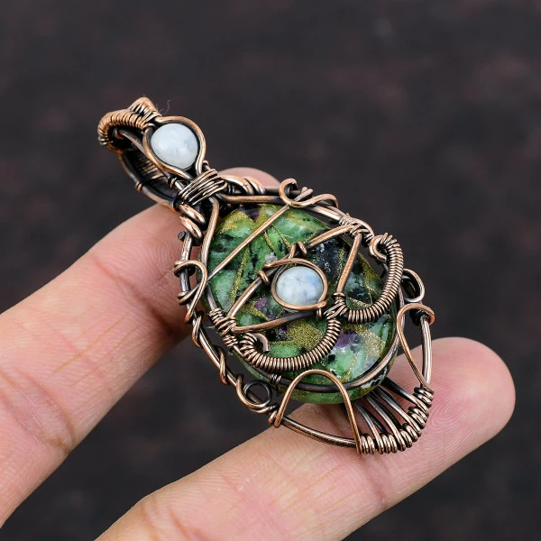 Copper Ruby Zoisite Oval Green Handmade Copper Wire Wrapped Pendant