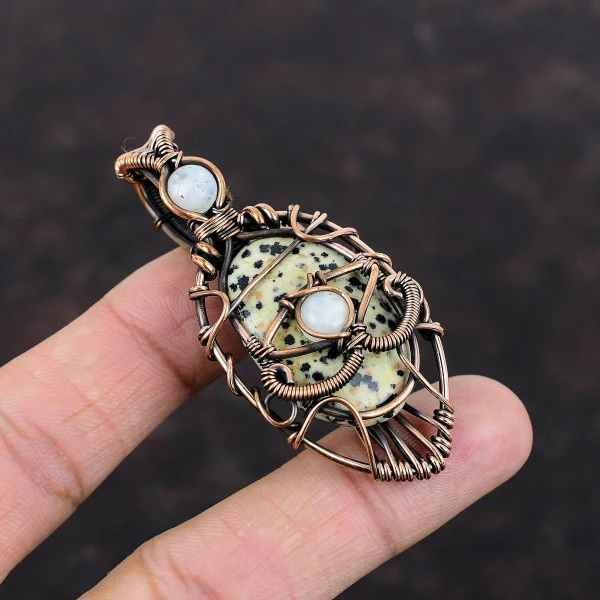 Handmade Copper Wire Wrapped Evil Eye Dalmatian Jasper & Rainbow Moonstone Pendant – Spiritual Gemstone Jewelry