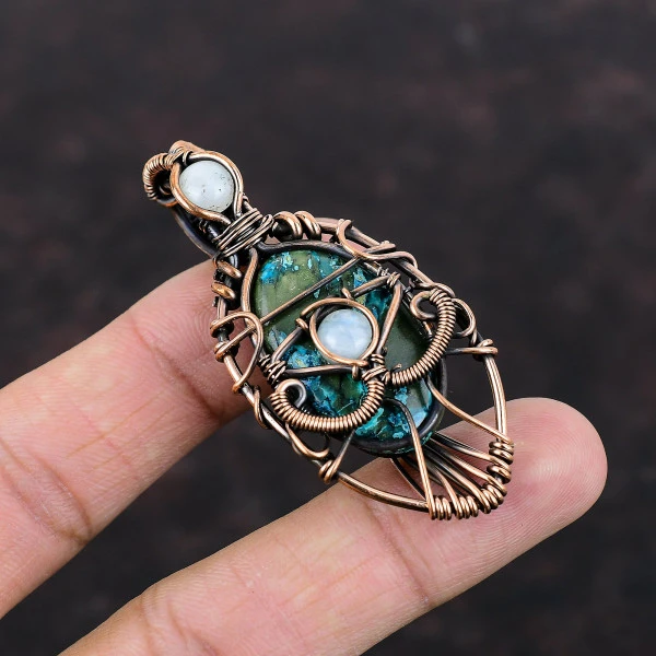 Shattuckite Oval Blue Handmade Copper Wire Wrapped Pendant