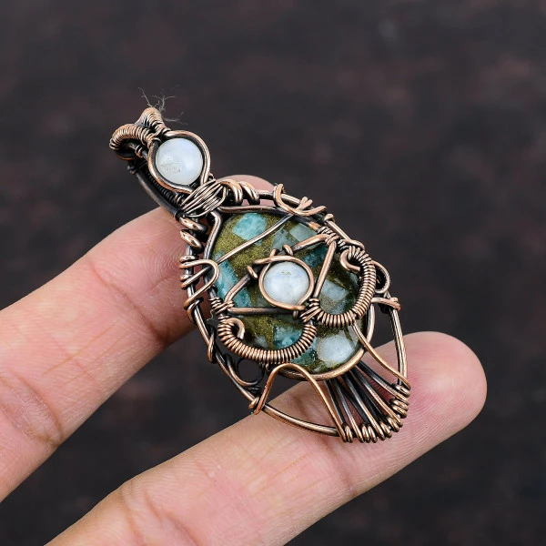 Copper Amazonite Oval Green Handmade Copper Wire Wrapped Pendant