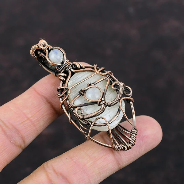 Selenite Druzy Oval White Handmade Copper Wire Wrapped Pendant
