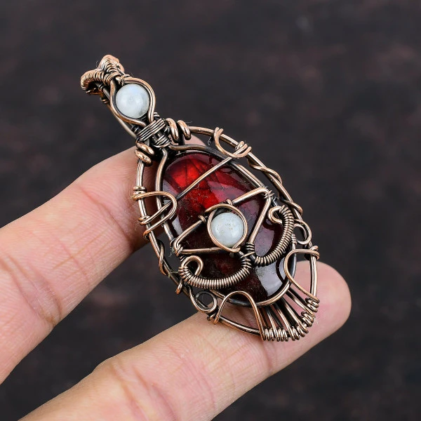 Red Fire Labradorite Oval Red Handmade Copper Wire Wrapped Pendant
