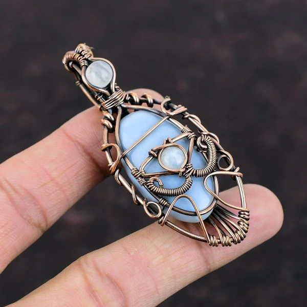 Owyhee Blue Opal Oval Blue Handmade Copper Wire Wrapped Pendant