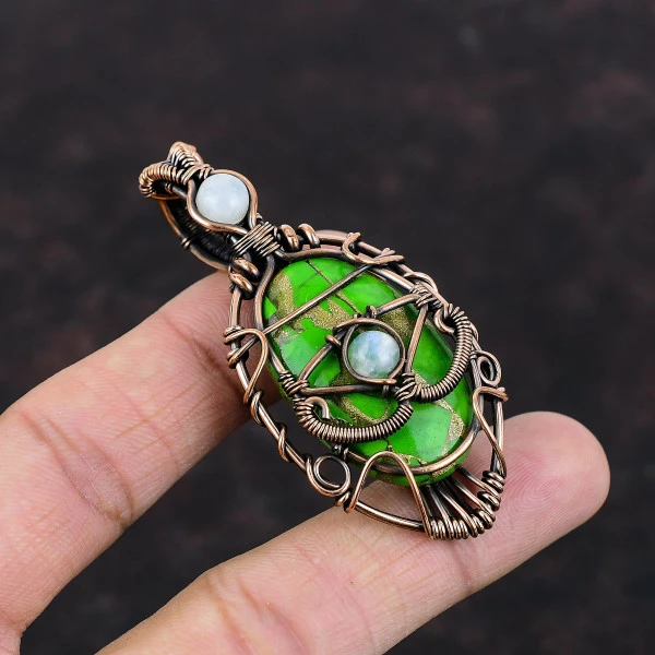Copper Green Turquoise Oval Green Handmade Copper Wire Wrapped Pendant