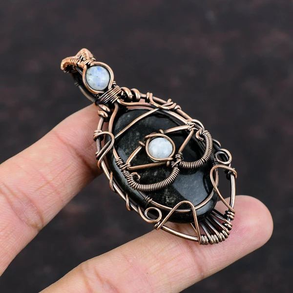 Silver Sheen Obsidian Oval Black Handmade Copper Wire Wrapped Pendant