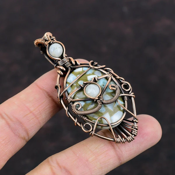 Copper Larimar Oval Blue Handmade Copper Wire Wrapped Pendant