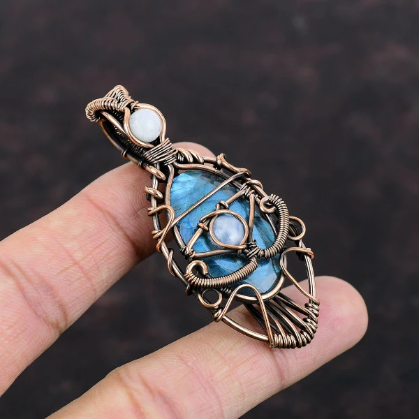 Labradorite Oval Blue Handmade Copper Wire Wrapped Pendant
