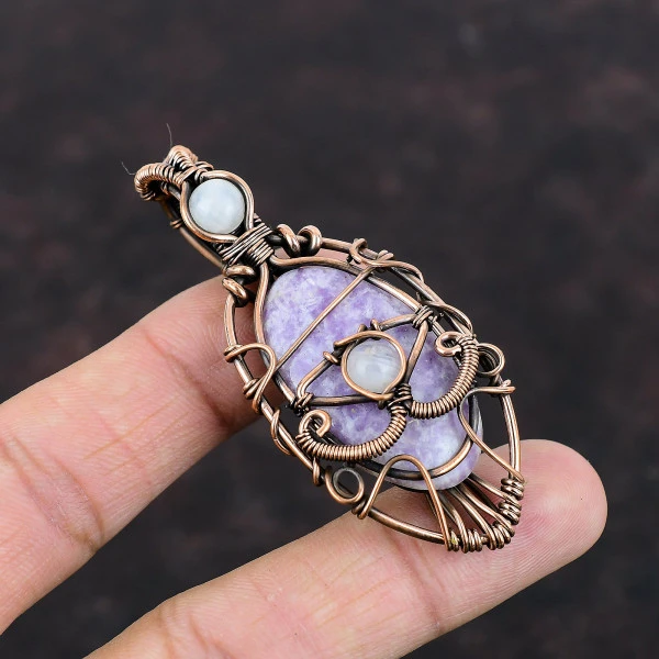 Lepidolite Oval Purple Handmade Copper Wire Wrapped Pendant
