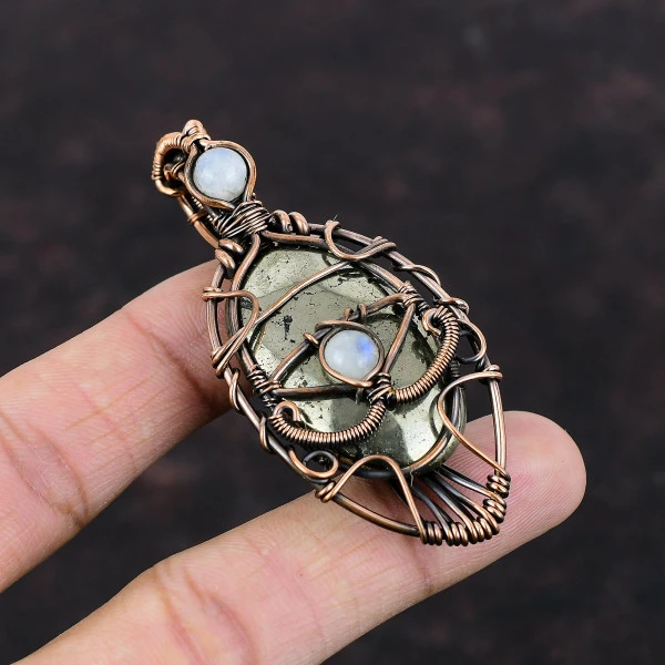 Pyrite Oval Gold Handmade Copper Wire Wrapped Pendant