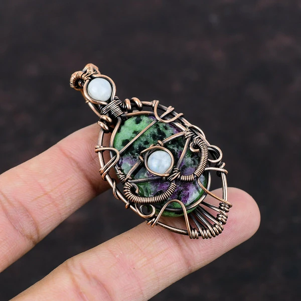 Ruby Zoisite Oval Green Handmade Copper Wire Wrapped Pendant