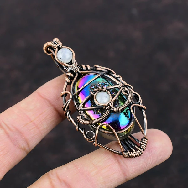 Titanium Druzy Oval Green Handmade Copper Wire Wrapped Pendant