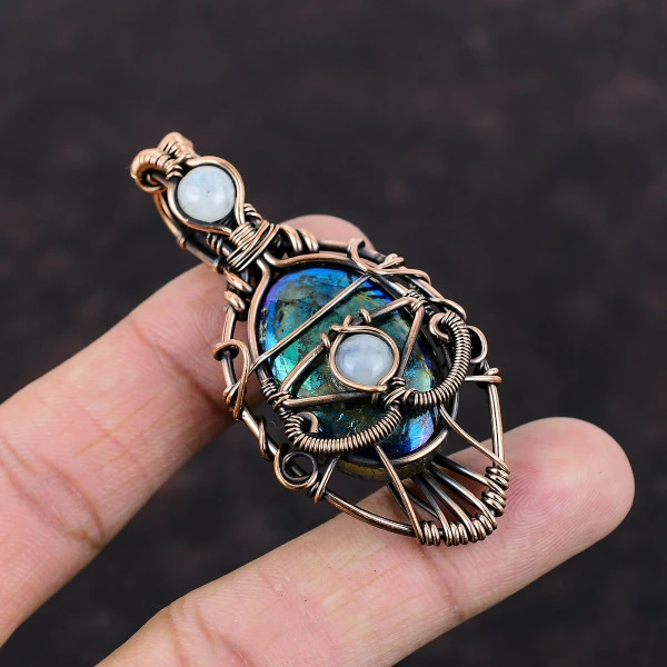 Mystic Fire Labradorite Oval Blue Handmade Copper Wire Wrapped Pendant