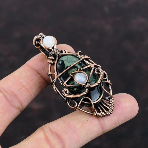 Kambaba Jasper Oval Green Handmade Copper Wire Wrapped Pendant