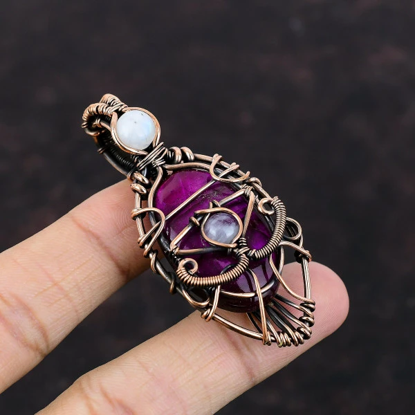Purple Fire Labradorite Oval Purple Handmade Copper Wire Wrapped Pendant