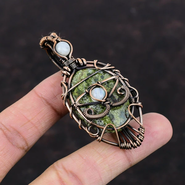 Dragon Bloodstone Oval Green Handmade Copper Wire Wrapped Pendant