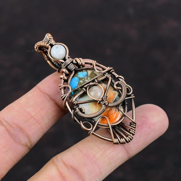 Spiny Oyster Copper Turquoise Oval Orange Handmade Copper Wire Wrapped Pendant