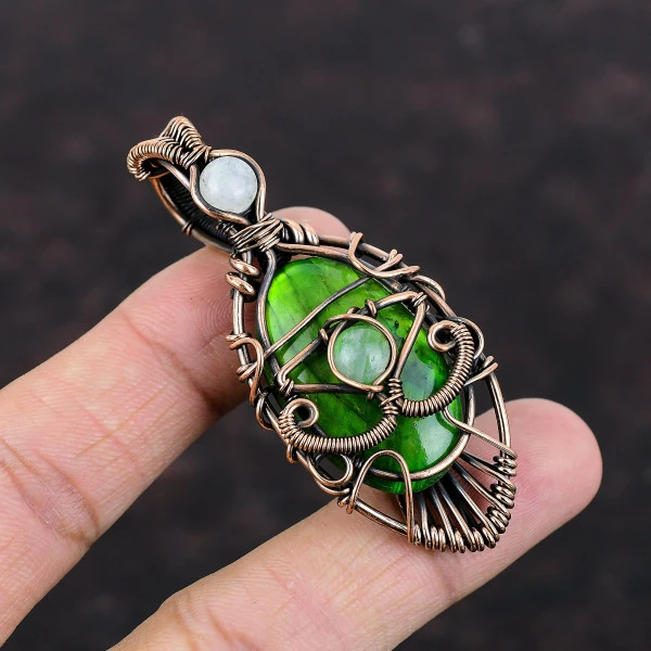 Green Fire Labradorite Oval Green Handmade Copper Wire Wrapped Pendant